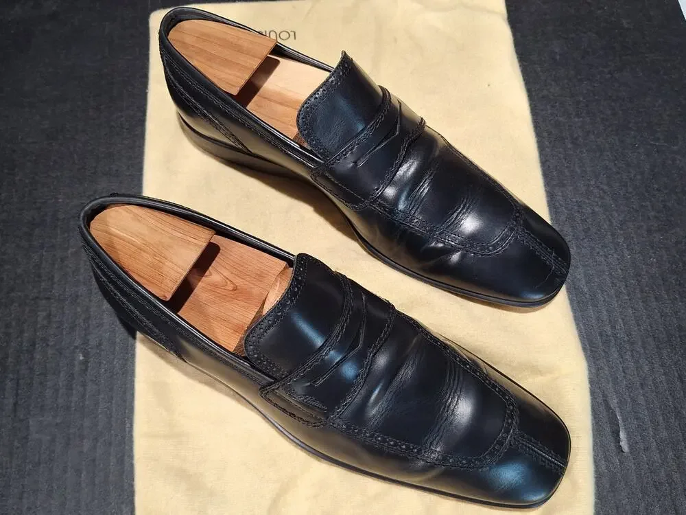 Louis Vuitton Mens Black Leather Coin Penny Loafers FD0048 Size 7.5 Italy CLEAN